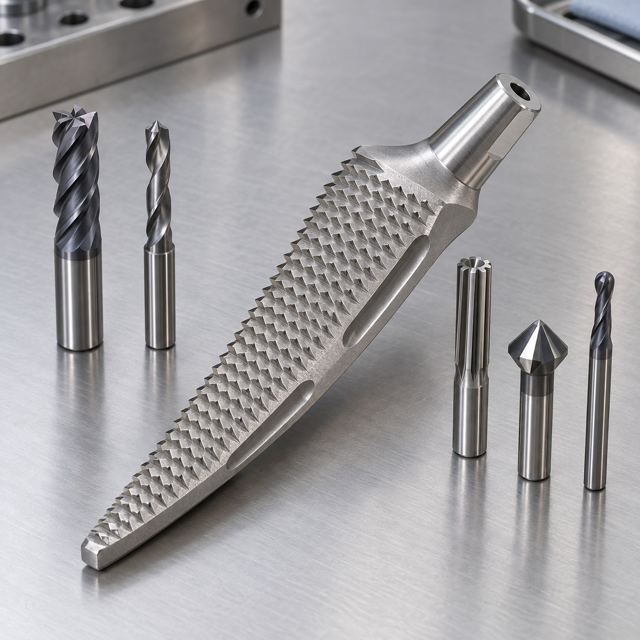 CoCrMo orthopedic trial broach with serrated teeth attachment bore and coated carbide tools