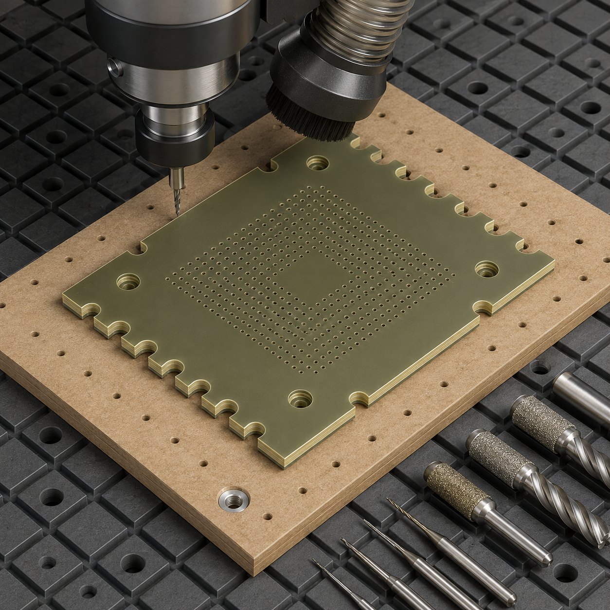 FR4 test socket adapter plate CNC tool selection for castellated edges micro via holes counterbores and laminate burr control
