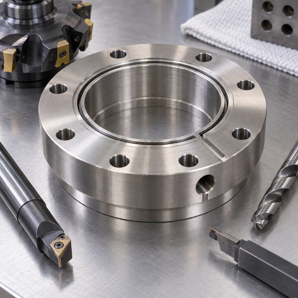 Hastelloy B-3 rupture disc holder with knife-edge seat vent groove and carbide tools