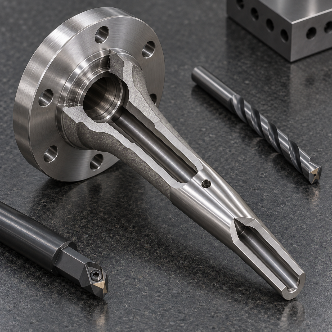 Inconel 600 high-pressure thermowell cutaway with deep bore tapered stem and carbide tools
