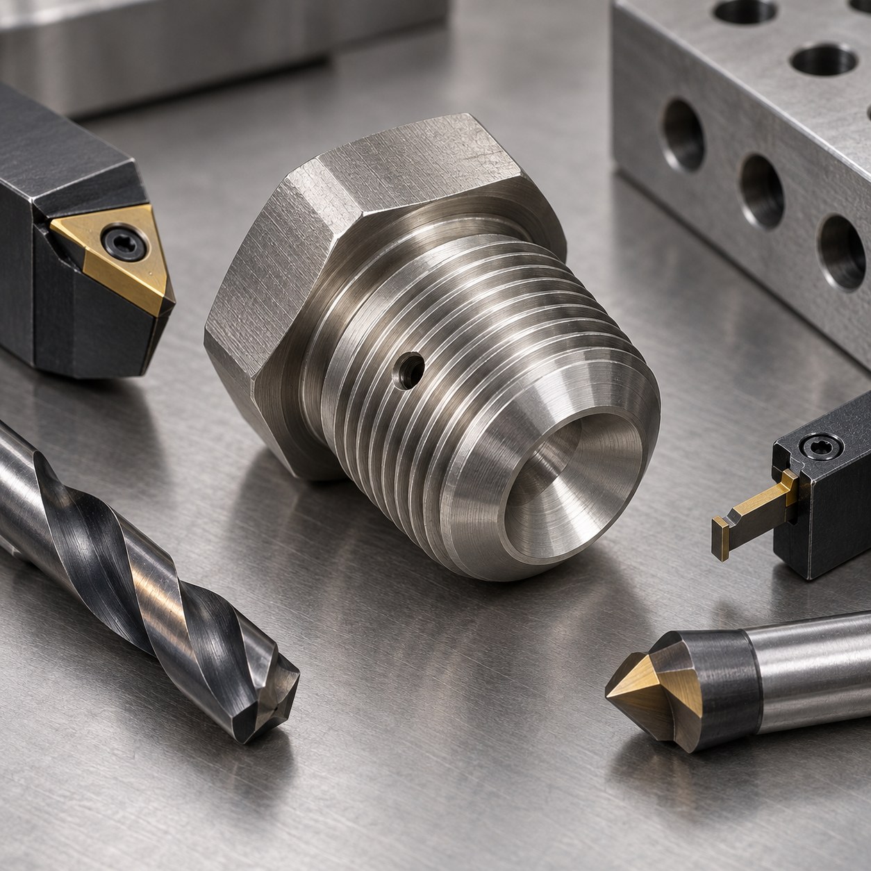 Inconel 625 heat exchanger header plug with blind seal seat telltale hole and carbide tools