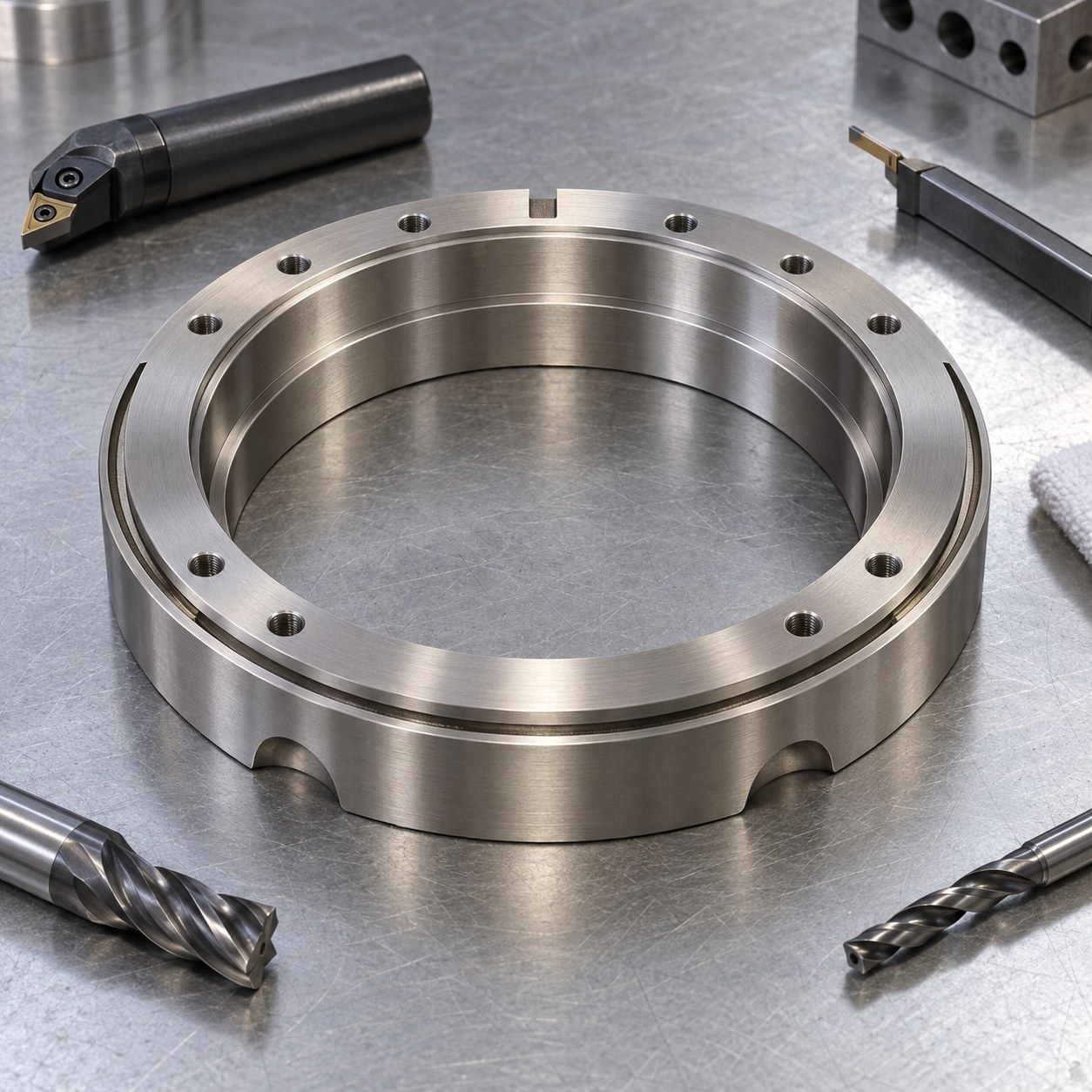 Inconel X-750 turbine brush seal carrier with angled pack slot pilot bore and carbide tools
