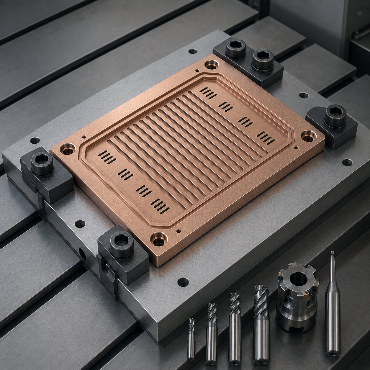 Molybdenum copper RF heat spreader lid CNC tool selection for gasket moat thin thermal ribs vent slots and counterbores