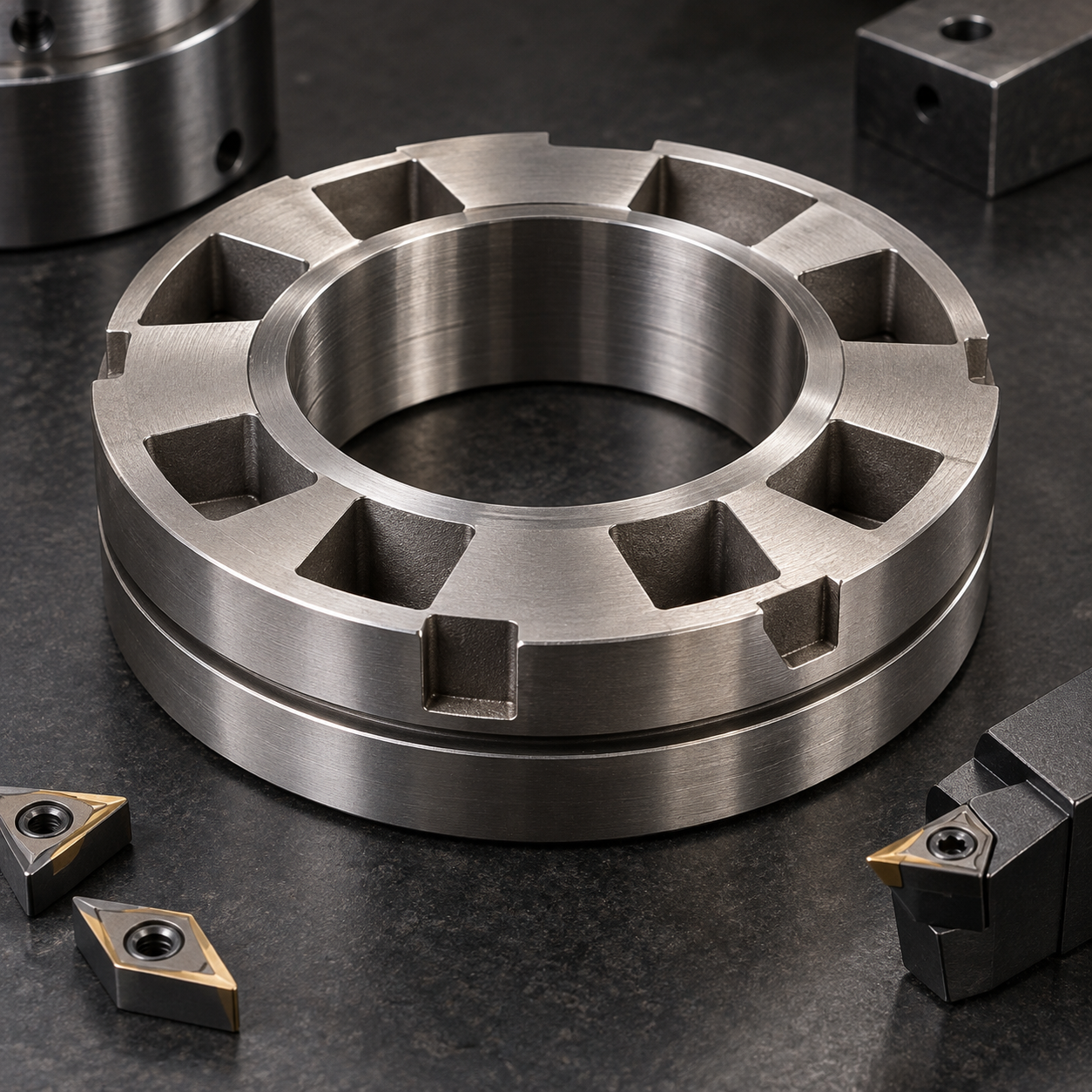 Nimonic 80A exhaust valve rotator ring with wedge pockets snap groove and carbide inserts