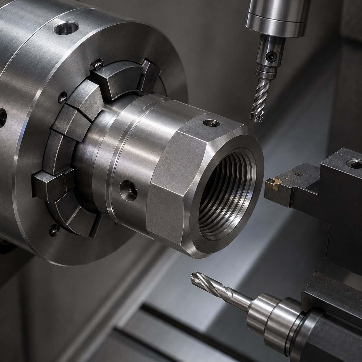 Nitronic 60 valve stem nut CNC tool selection for deep ACME thread lubricant groove and cross grease holes