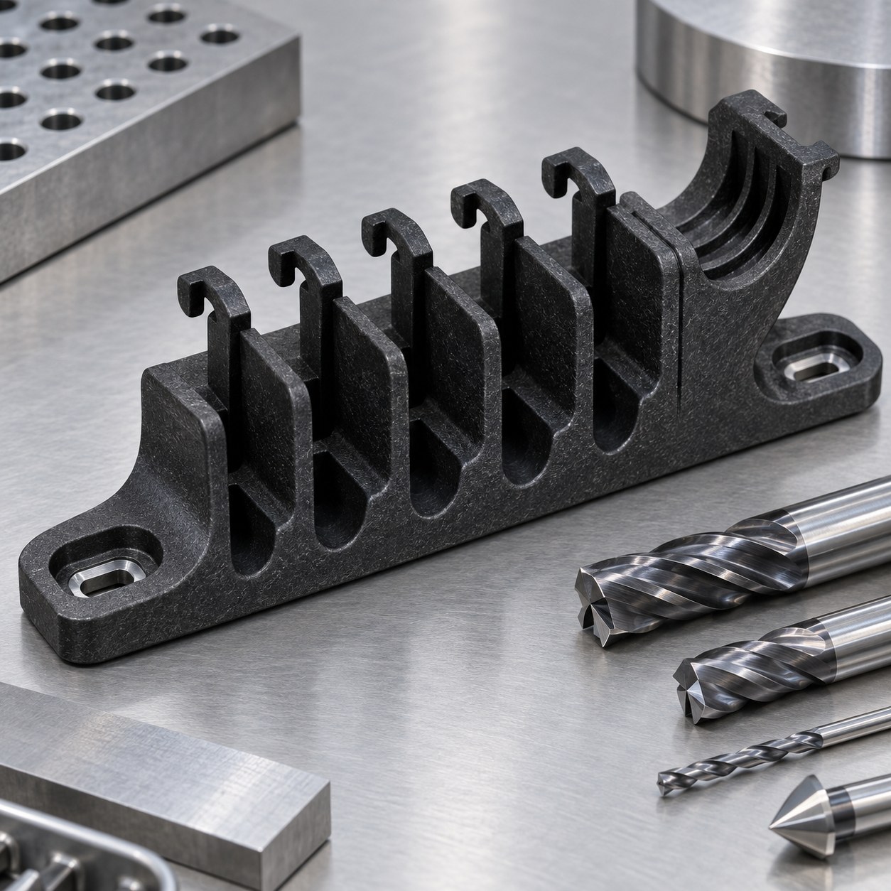 PA66-GF30 robotic cable guide comb with snap hooks mounting slots and carbide tools