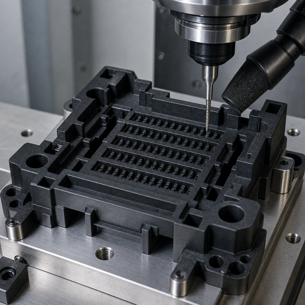 PBT-GF30 connector inspection nest during CNC milling of 0.60 mm pin pockets and latch windows