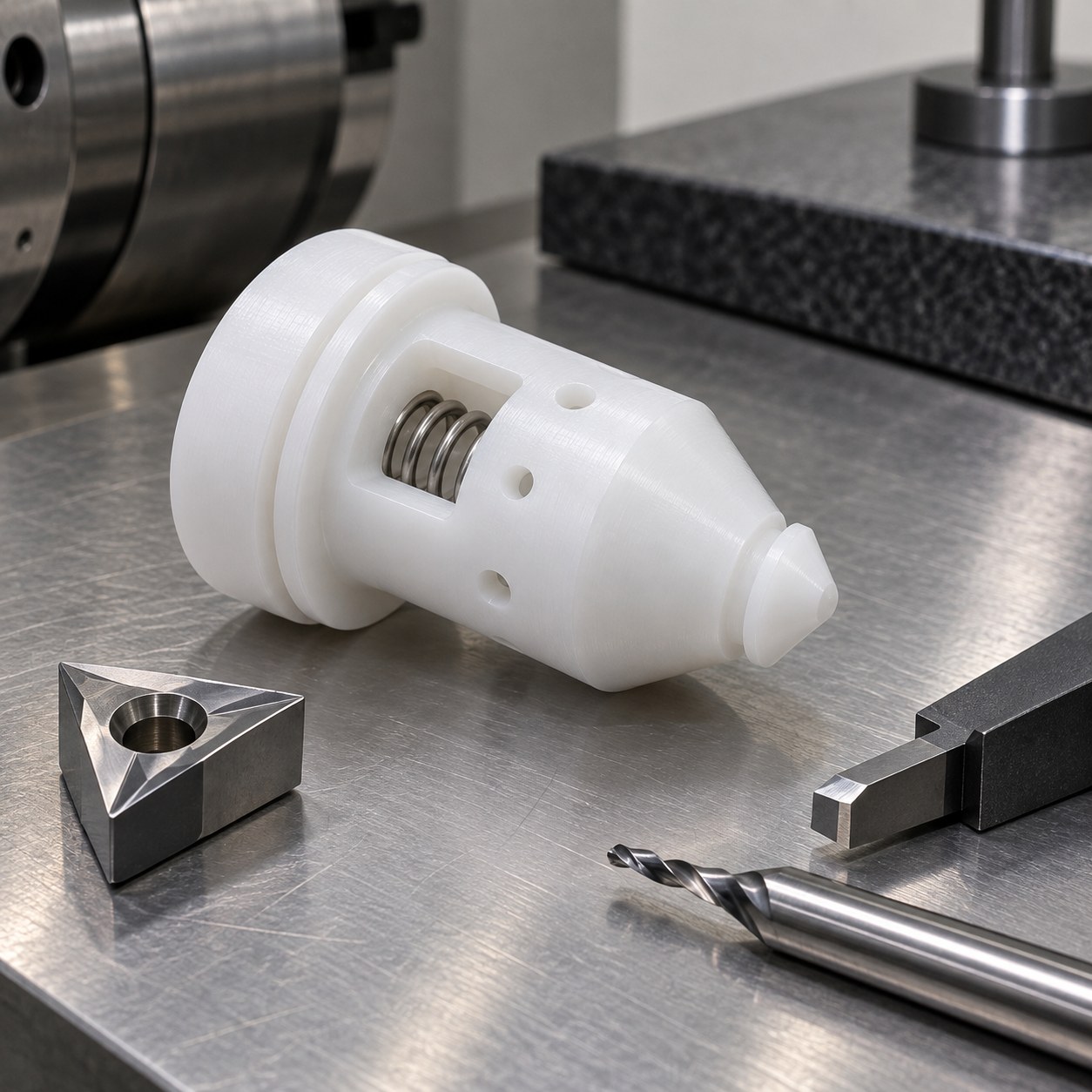 PCTFE cryogenic valve poppet with seal cone spring pocket and carbide tools