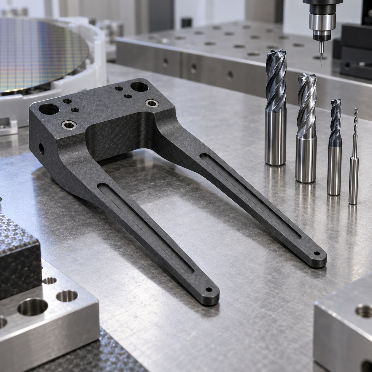 PEEK-CF30 wafer transfer fork with thin tines vacuum grooves and polished carbide tools