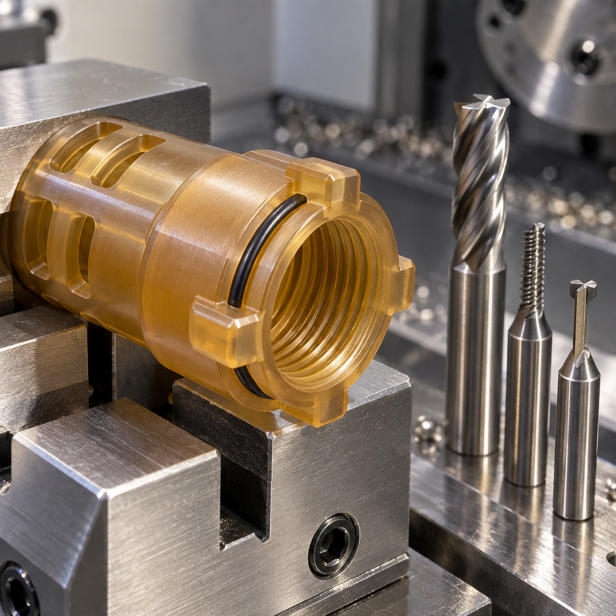 Amber PEI connector backshell with bayonet lugs cable thread and polished carbide tools