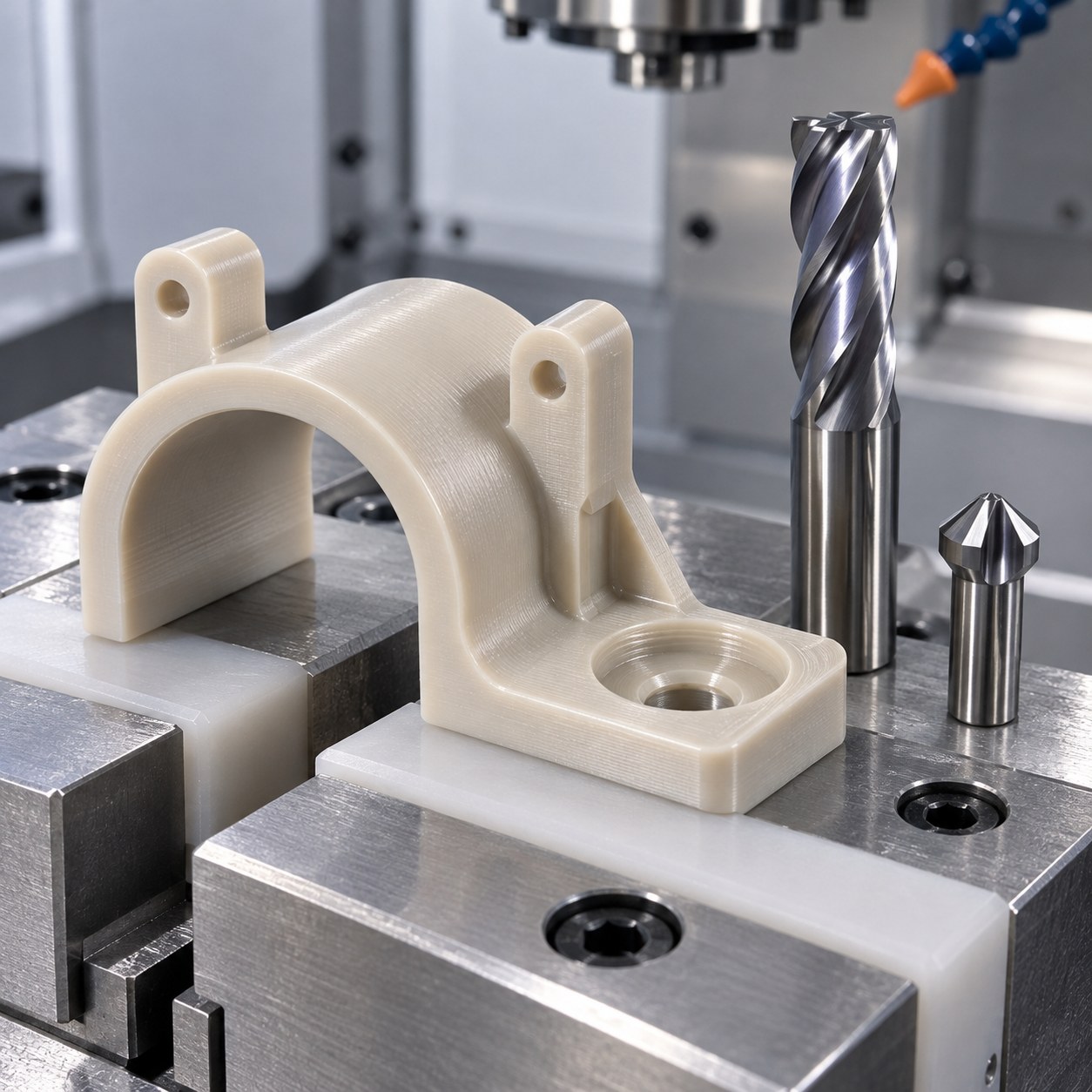PEKK aerospace harness clamp curved saddle retention ears and polished carbide tools