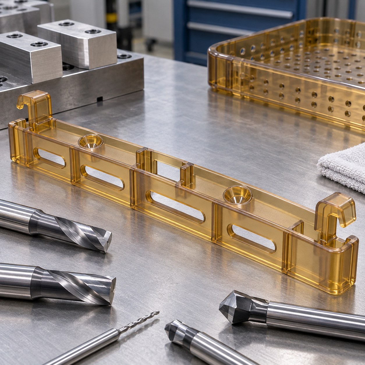 PPSU Latch Rail Tooling for Snap Hooks and Drain Slots
