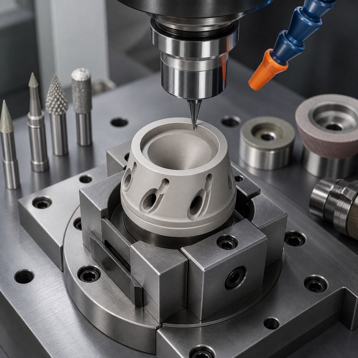 Sialon ceramic nozzle seat CNC tool selection for angled spray bores conical seat and fragile exit lip