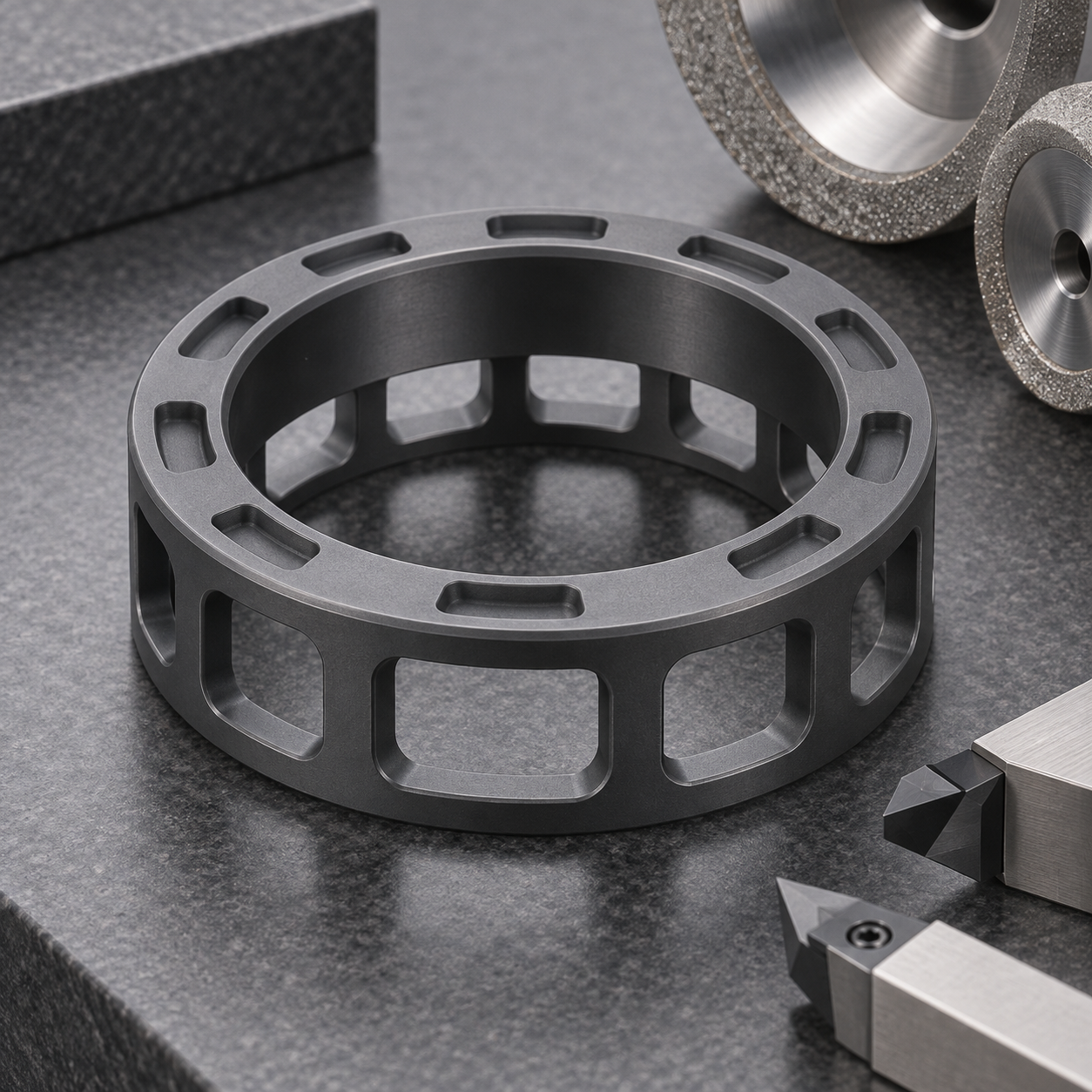 Silicon nitride high-speed bearing cage with thin windows oil pockets and diamond grinding tools