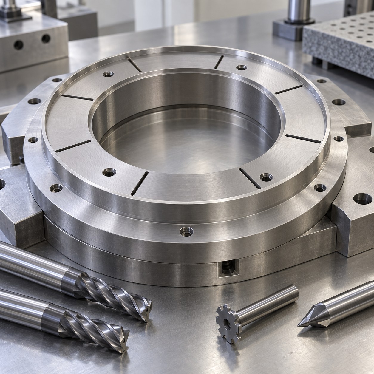 Tantalum target clamp ring stepped seat radial relief slots and carbide cutters