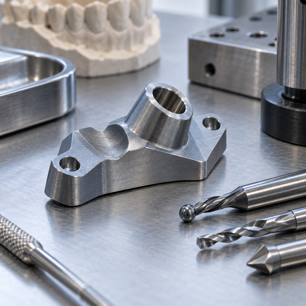 Ti-6Al-7Nb dental drill guide with angled sleeve bore tooth saddle and carbide tools