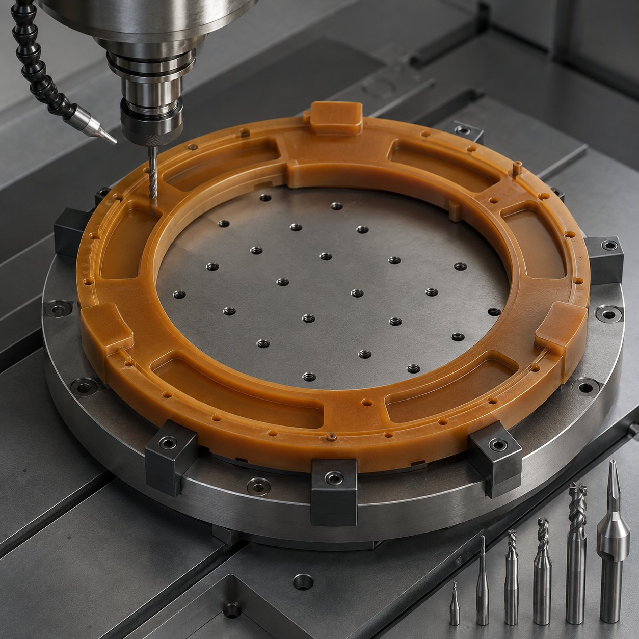 Torlon 4203 wafer carrier ring CNC tool selection for vacuum pockets raised support pads purge holes and anti rotation flats