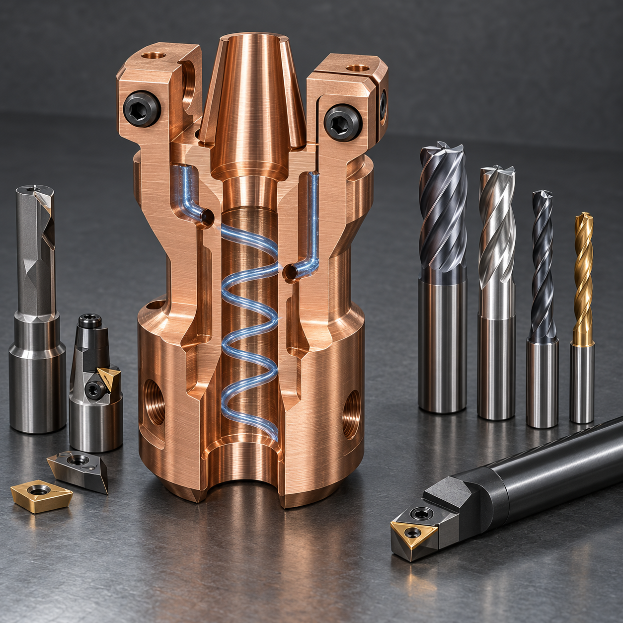 C17510 welding electrode holder cutaway with taper socket helical cooling passage and carbide tools
