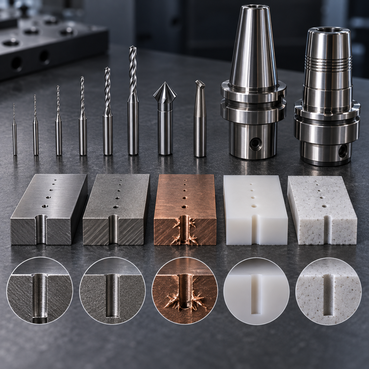 CNC micro-hole drilling and burr control tool selection with carbide micro drills holders and material coupons