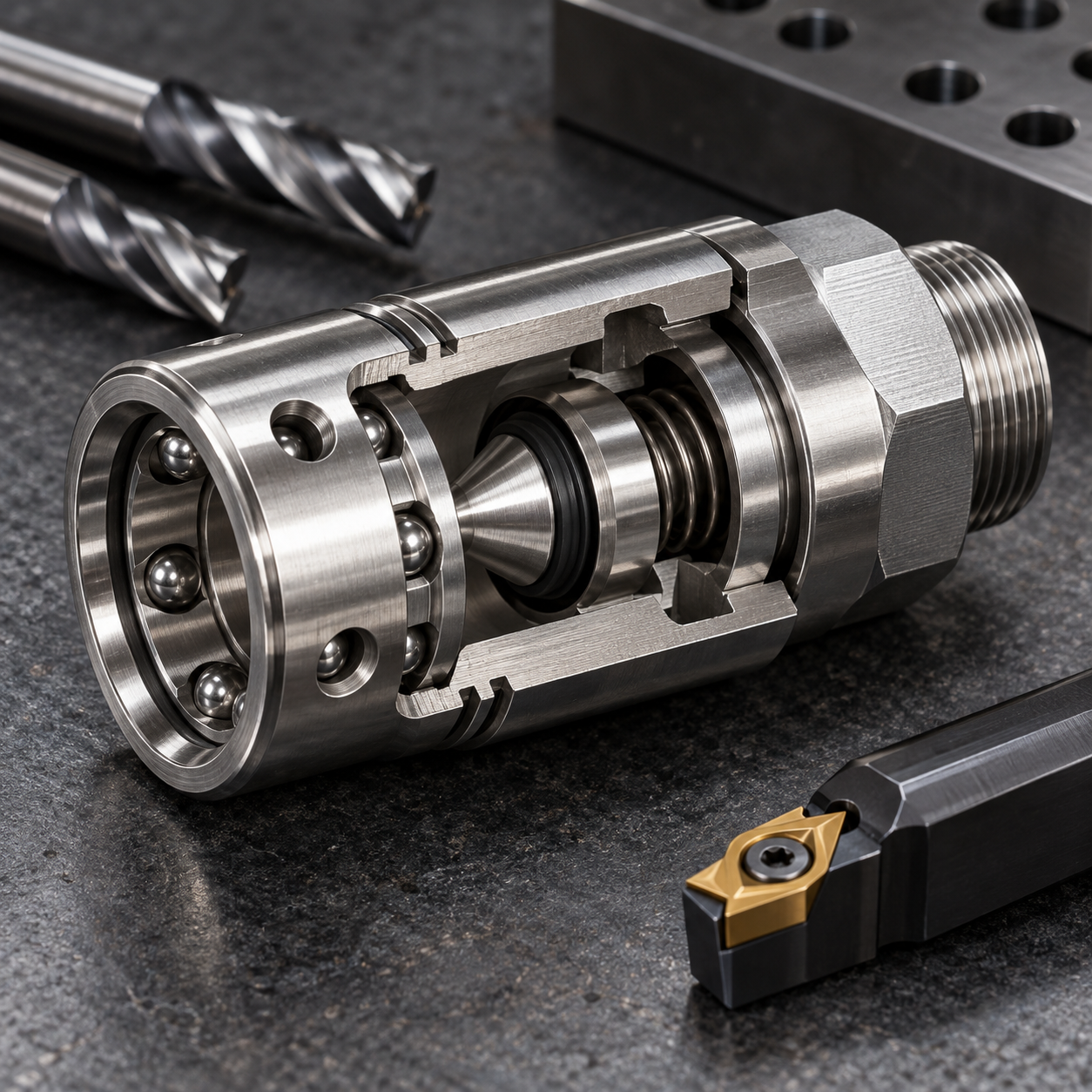 Custom 455 hydraulic quick-connect socket cutaway with ball-lock holes poppet seat and carbide tools