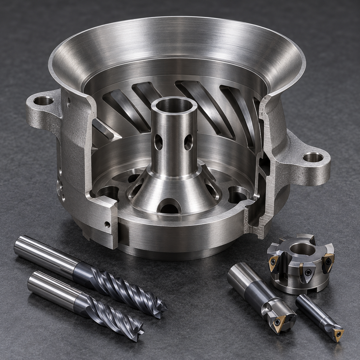 Hastelloy X combustor swirl cup cutaway with angled vane windows thin exit lip and carbide tools