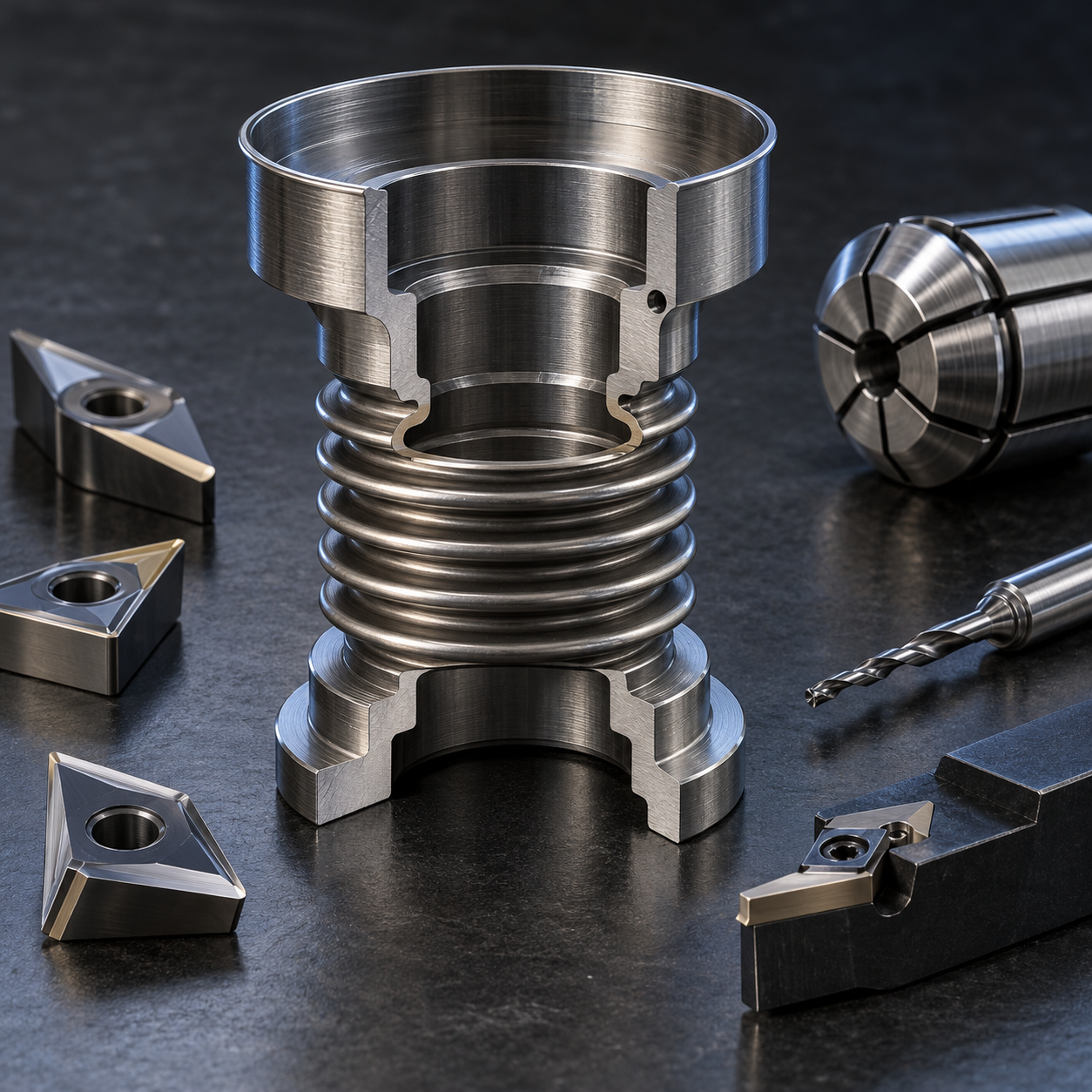 Kovar bellows end fitting cutaway with thin weld rim capillary vent hole and carbide tools