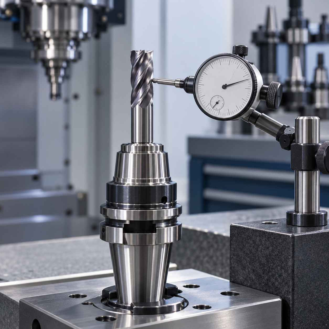 Low-runout tool holder TIR inspection for carbide end mills with a dial test indicator