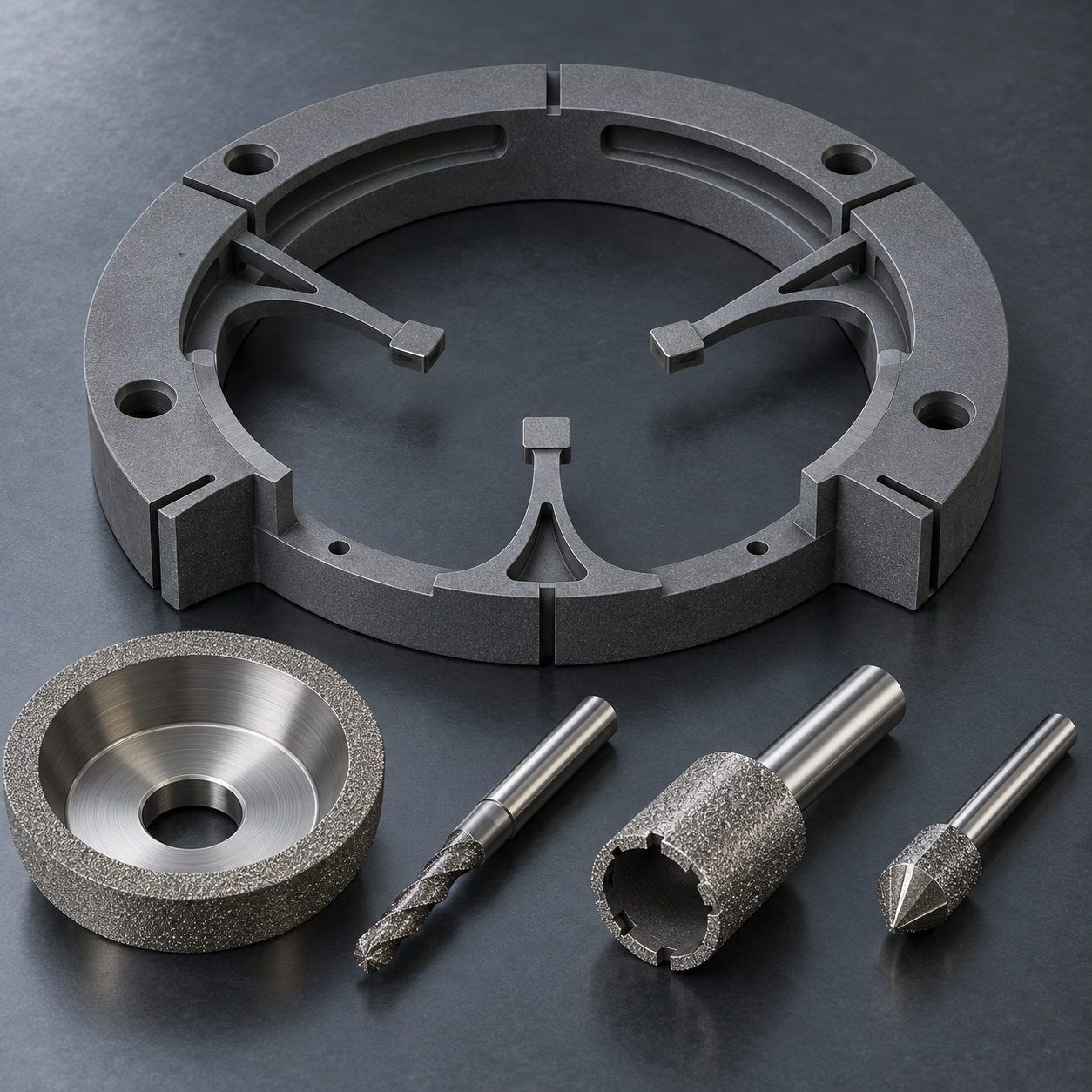 Reaction bonded silicon carbide wafer edge grip ring with datum pads relief slots and diamond grinding tools