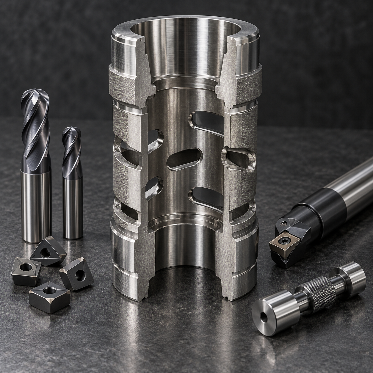 Stellite 21 choke valve cage cutaway with throttling windows lapped diameter and carbide ceramic tools